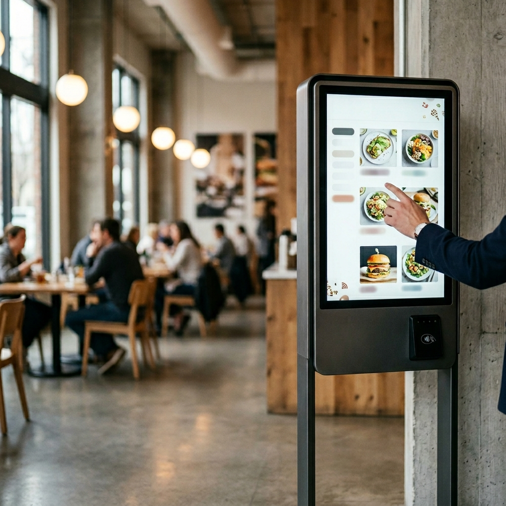 Self-order kiosk in a modern restaurant with a customer placing a touchscreen order, illustrating the best kiosk software platforms for restaurants in 2026