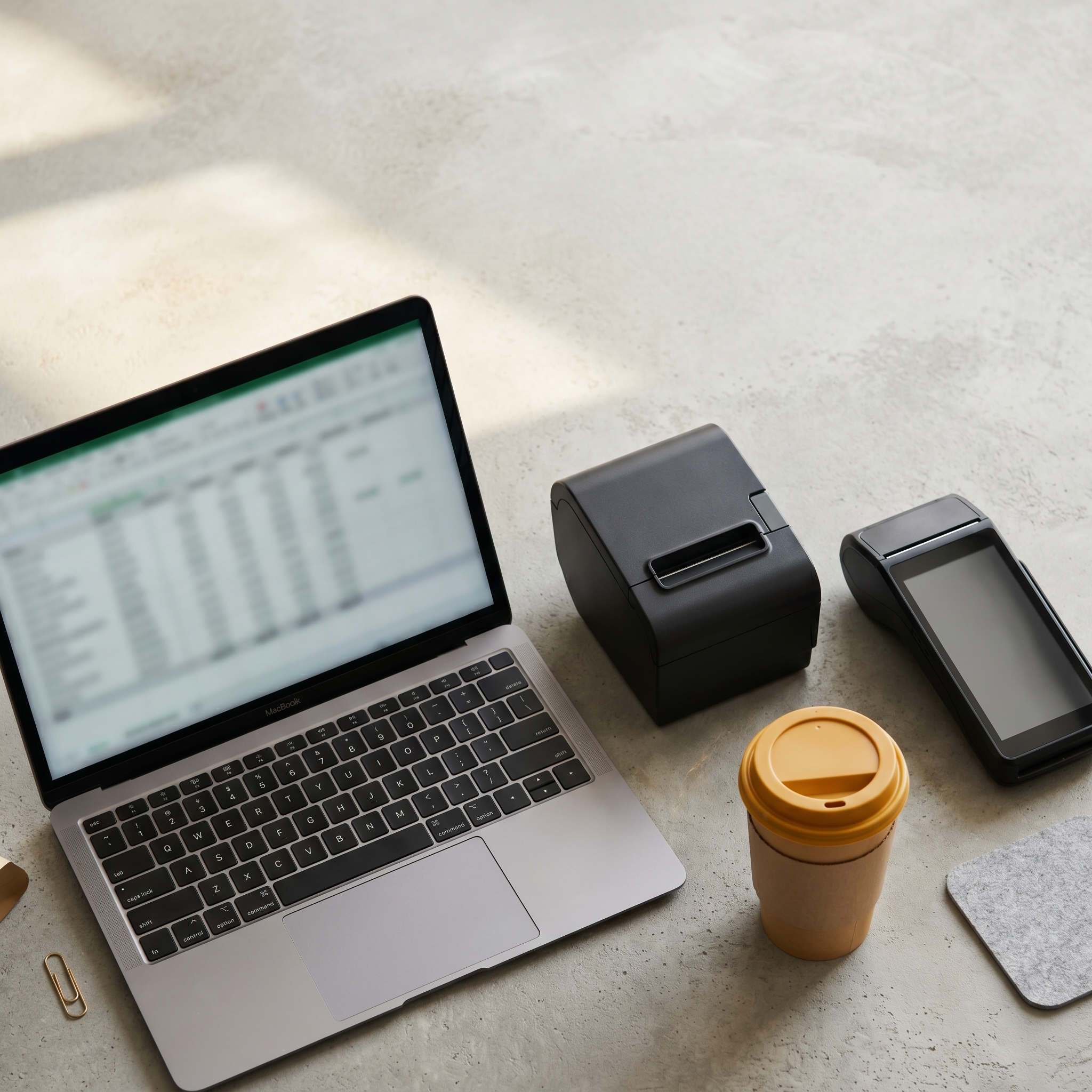 Restaurant owner's desk with payment terminal and laptop showing cost comparison spreadsheet for kiosk software processing rates