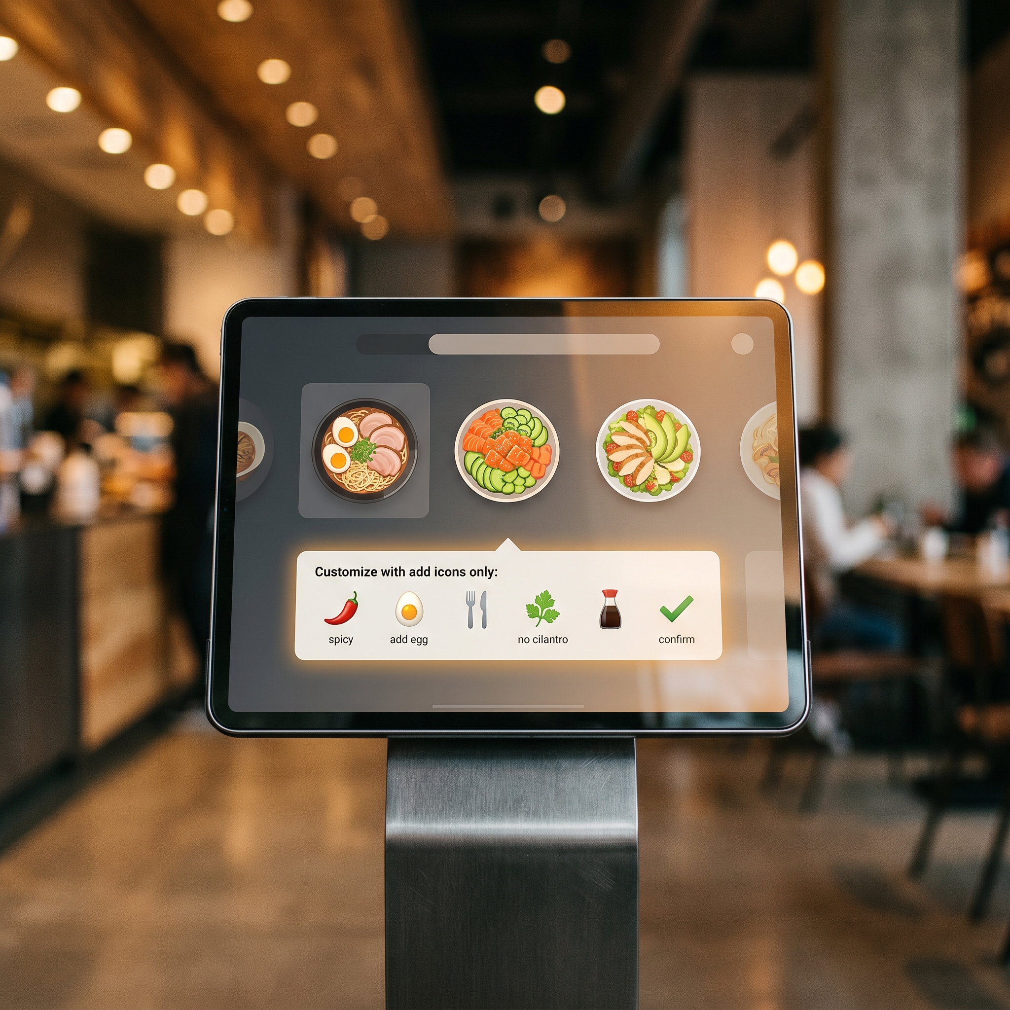 Close-up of a restaurant self-order kiosk screen displaying an automated upsell prompt during the ordering process