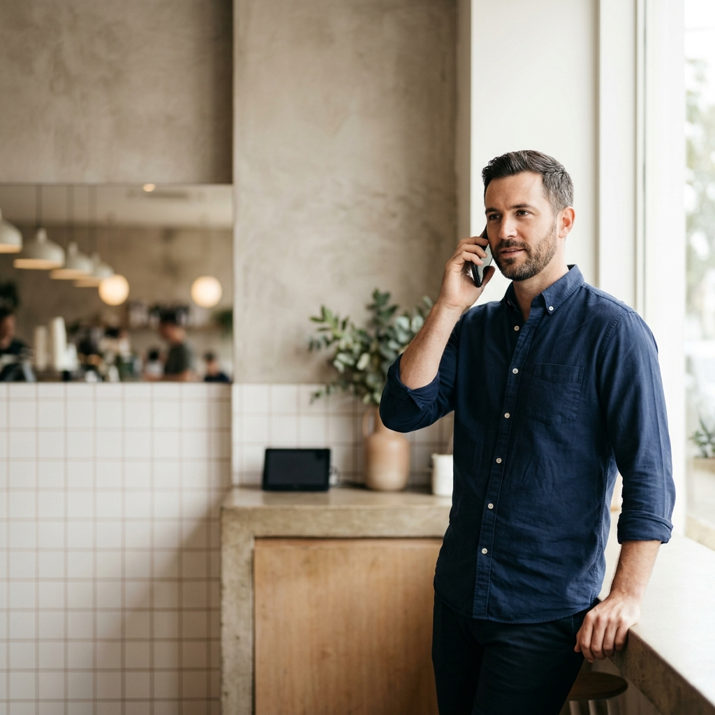 Restaurant manager making a support phone call in a modern restaurant, representing accessible local customer support for kiosk software platforms